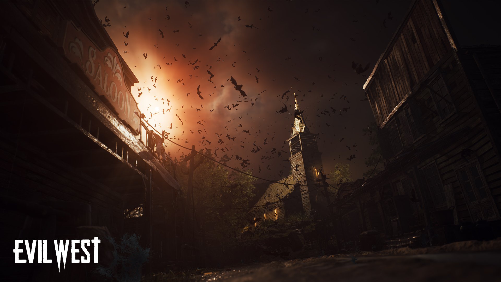 HD desktop wallpaper featuring a dramatic scene from the video game Evil West, with bats swarming over a dimly lit, eerie western town.