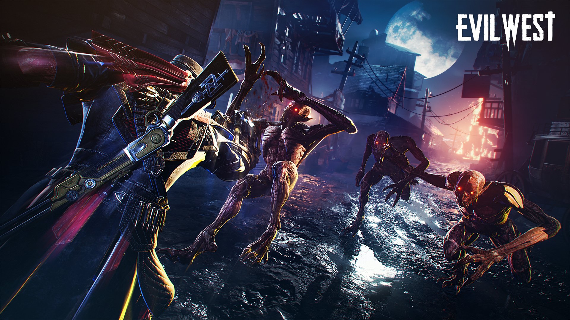 HD desktop wallpaper featuring a dramatic scene from the video game Evil West, with characters battling monsters in a dark, moody setting.