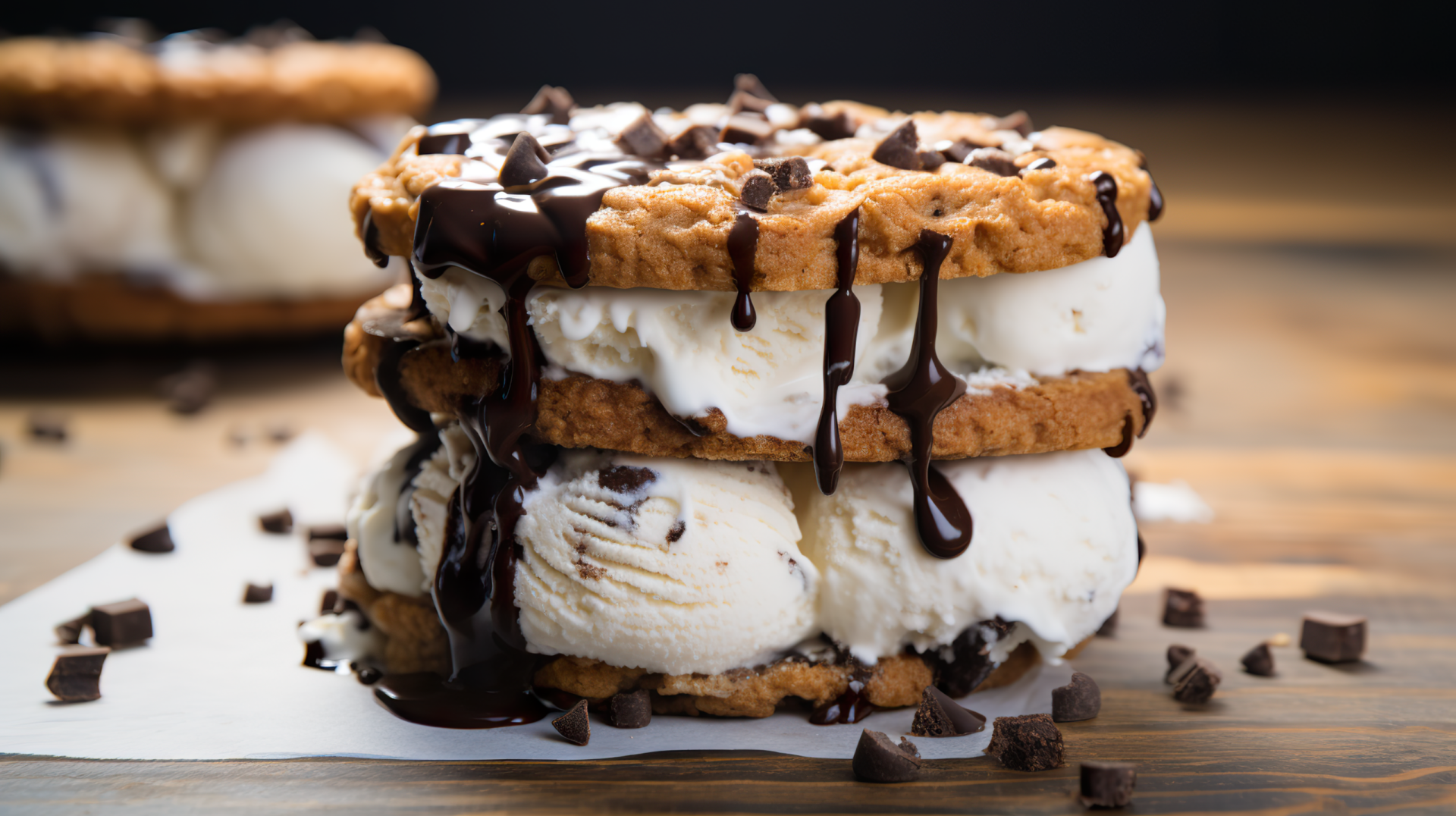 HD desktop wallpaper of a delectable ice cream sandwich with chocolate chip cookies and drizzled chocolate sauce, garnished with chocolate chunks.