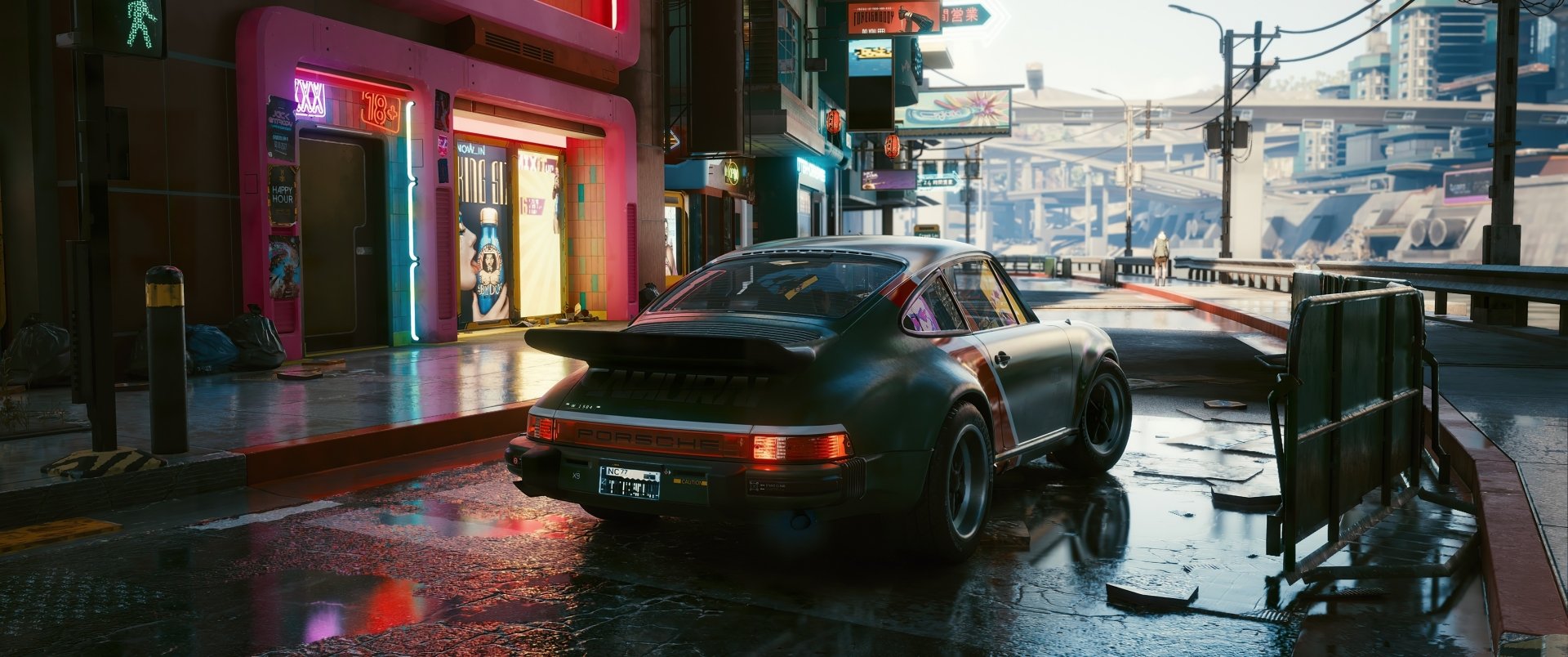 HD desktop wallpaper from Cyberpunk 2077 featuring a futuristic car in a neon-lit urban setting.
