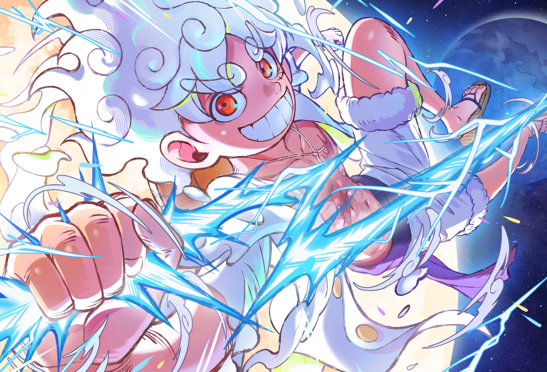 Vibrant HD anime wallpaper featuring Monkey D. Luffy in Gear 5 form from One Piece, showcasing dynamic energy and electrifying action.