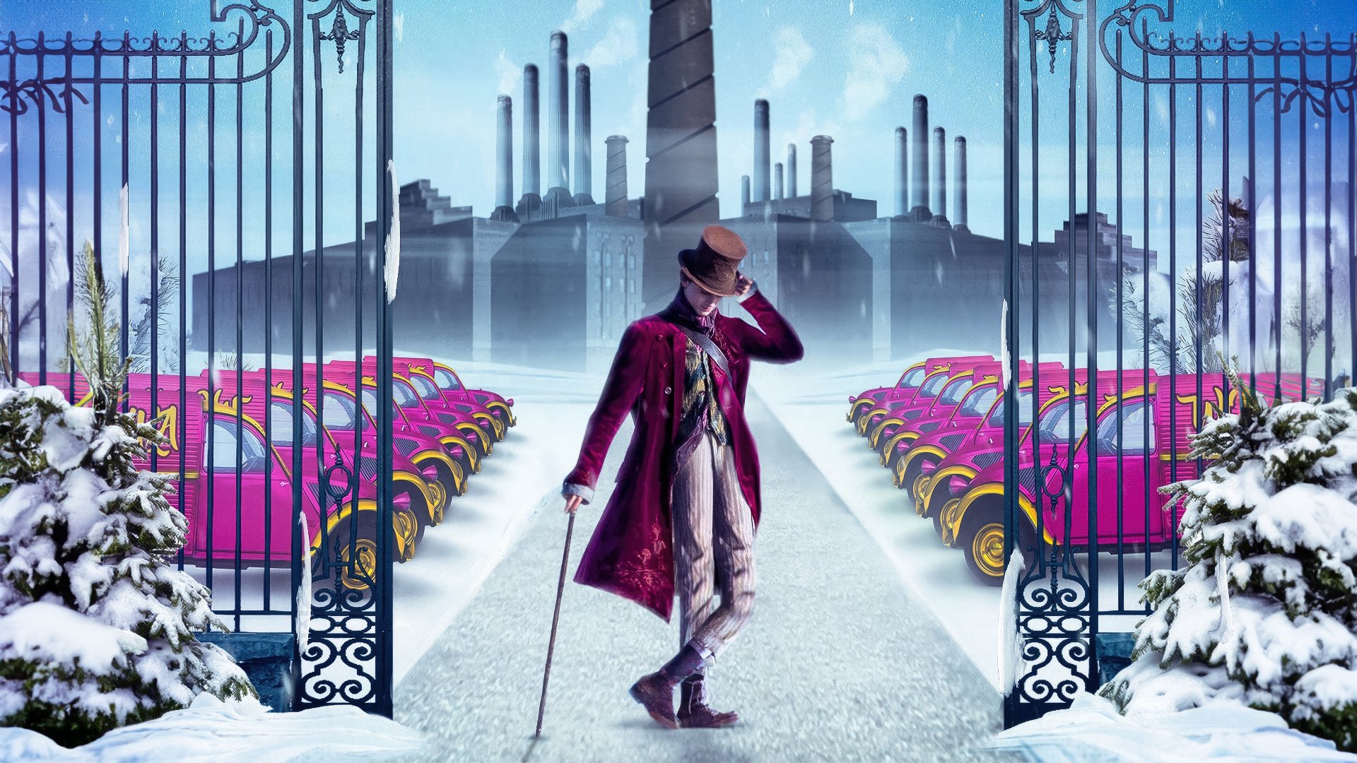 4K Ultra HD PC desktop wallpaper of the Wonka movie: eccentric gentleman in a purple coat and top hat walks through snowy gates toward rows of pink cars and a looming factory.
