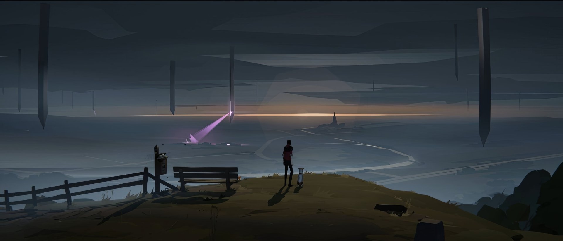 Moody Somerville themed HD desktop wallpaper depicting a silhouette of a person gazing at an atmospheric twilight scene with mysterious beams of light and a contemplative dog.