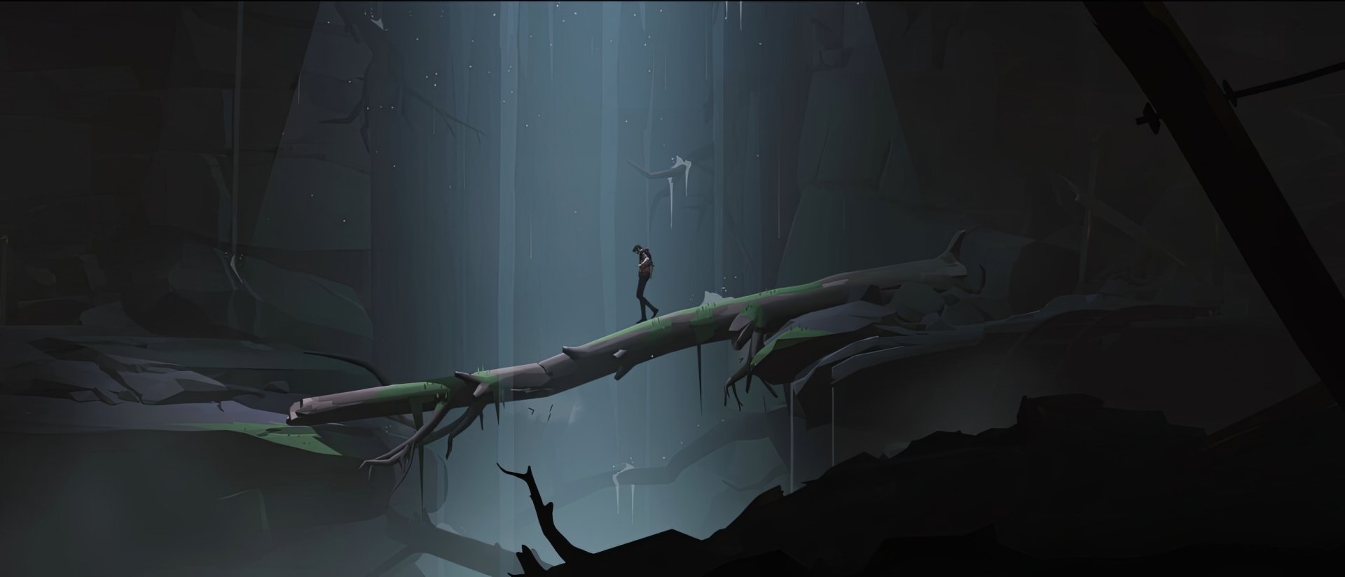 A moody HD wallpaper from the video game Somerville, featuring a lone figure standing on a log in a dark, atmospheric environment illuminated by soft light.