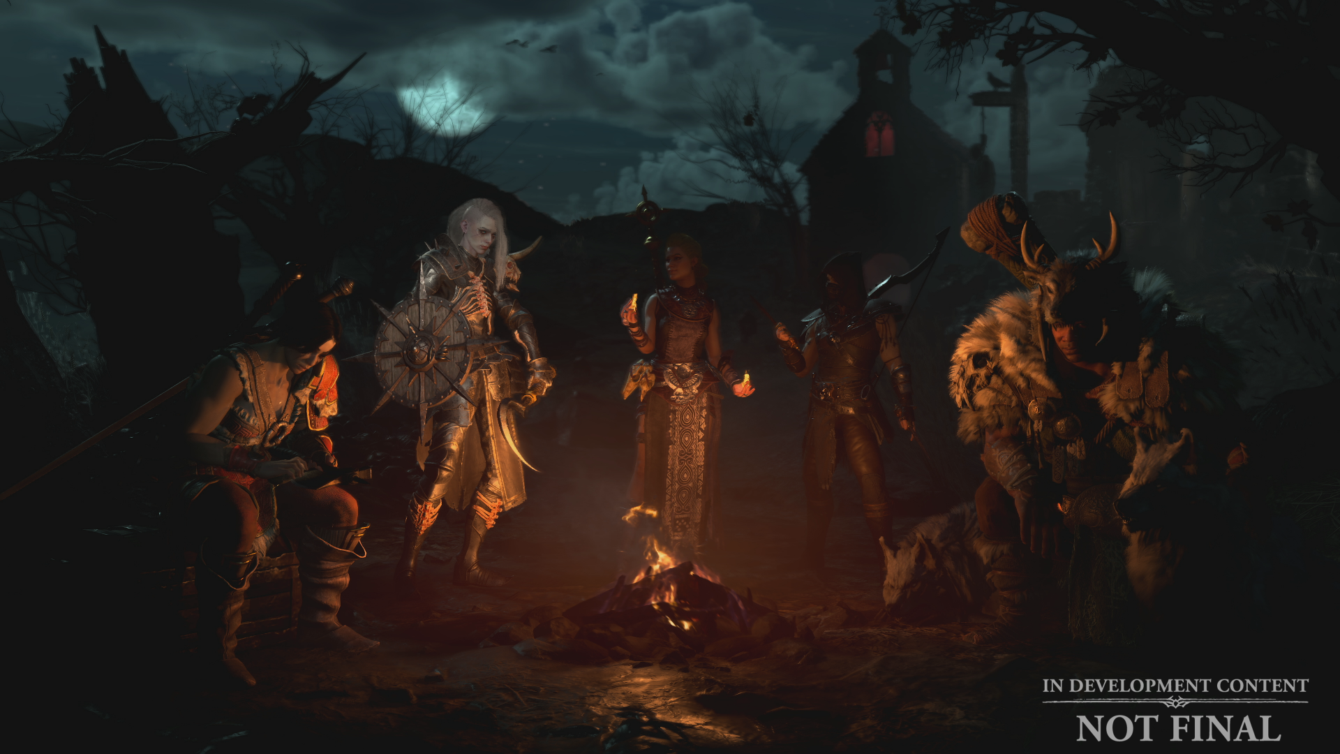 HD desktop wallpaper featuring a group of characters from Diablo IV gathered around a campfire in a dark, ominous setting.
