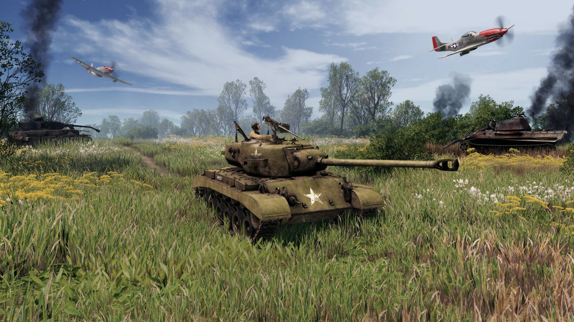 HD wallpaper featuring a scene from Men of War II with a detailed depiction of tanks on a battlefield with flying aircraft overhead.