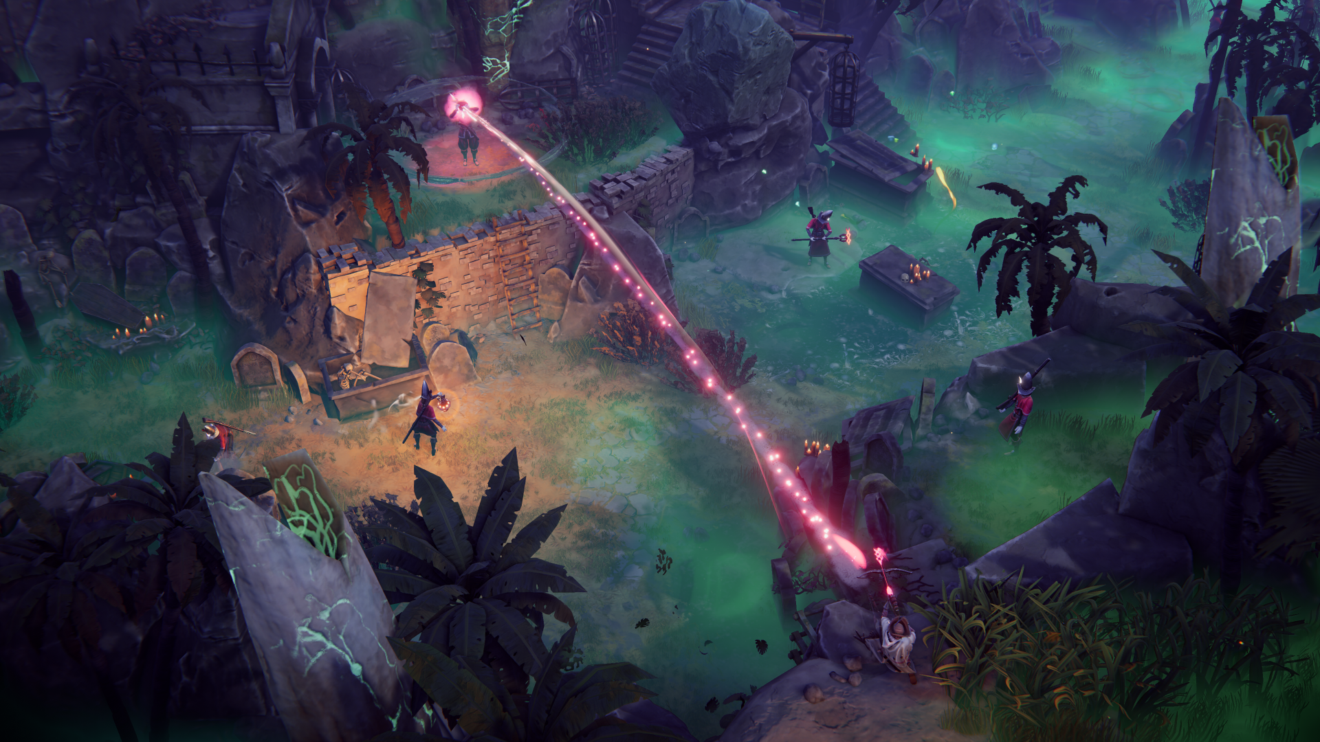 HD wallpaper featuring a mystical scene from Shadow Gambit: The Cursed Crew game with eerie green fog, ancient ruins, and a sparkling red beam across the landscape.