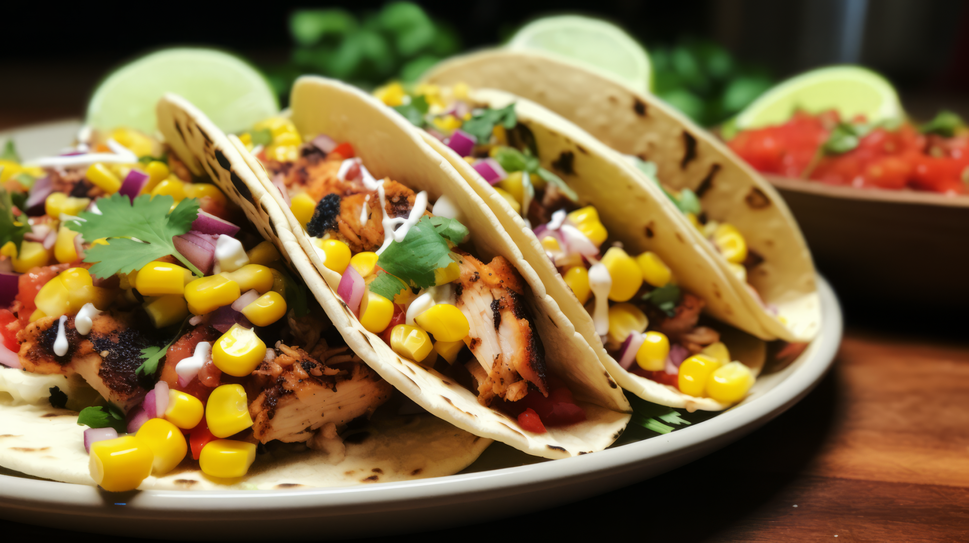 A vibrant close-up of delicious fajitas filled with grilled chicken, corn, and fresh toppings, served on a plate with lime and salsa in the background. Perfect HD desktop wallpaper.