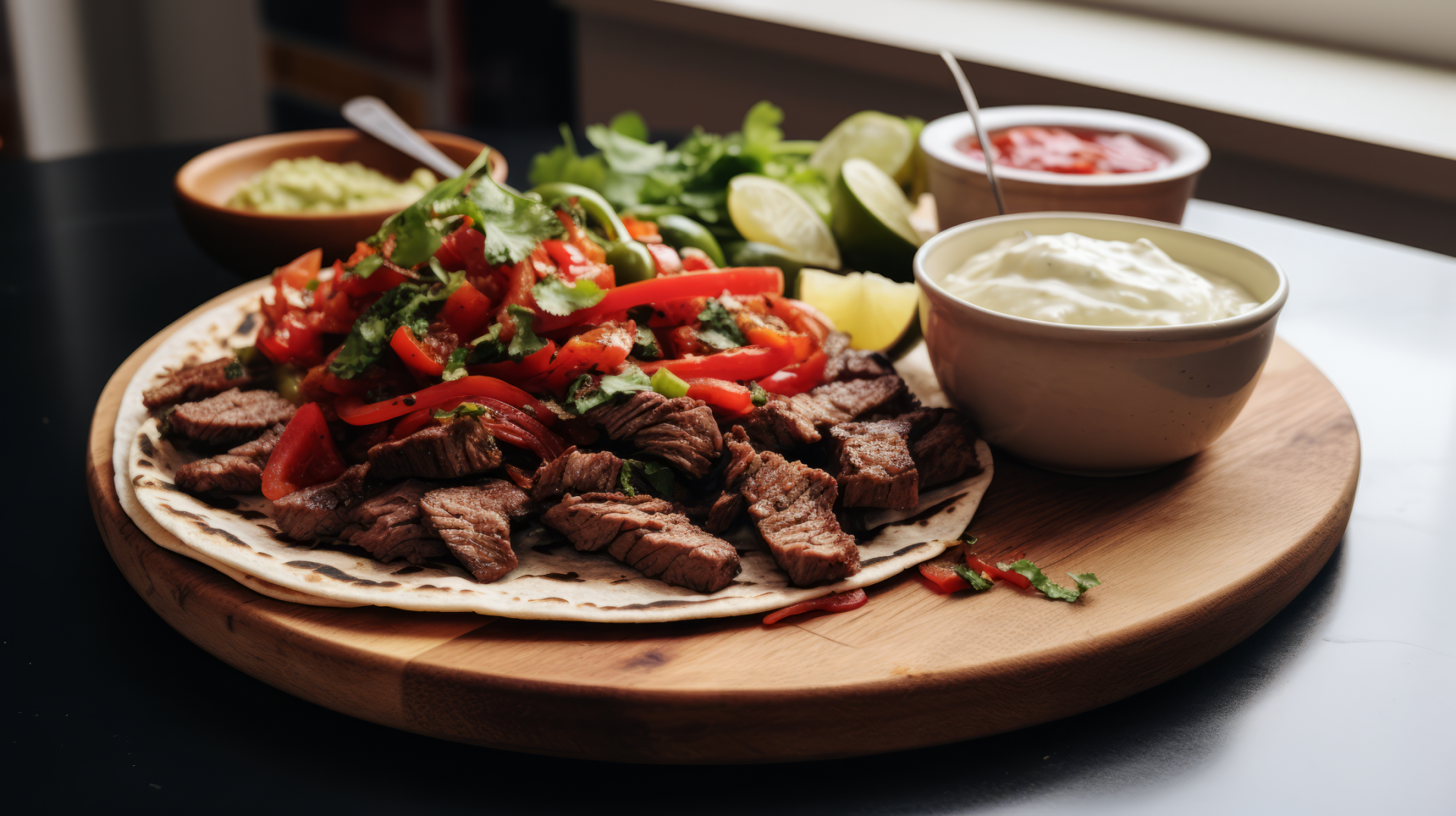 HD desktop wallpaper of delicious fajitas served with guacamole, sour cream, and lime on a wooden platter for a vibrant background.