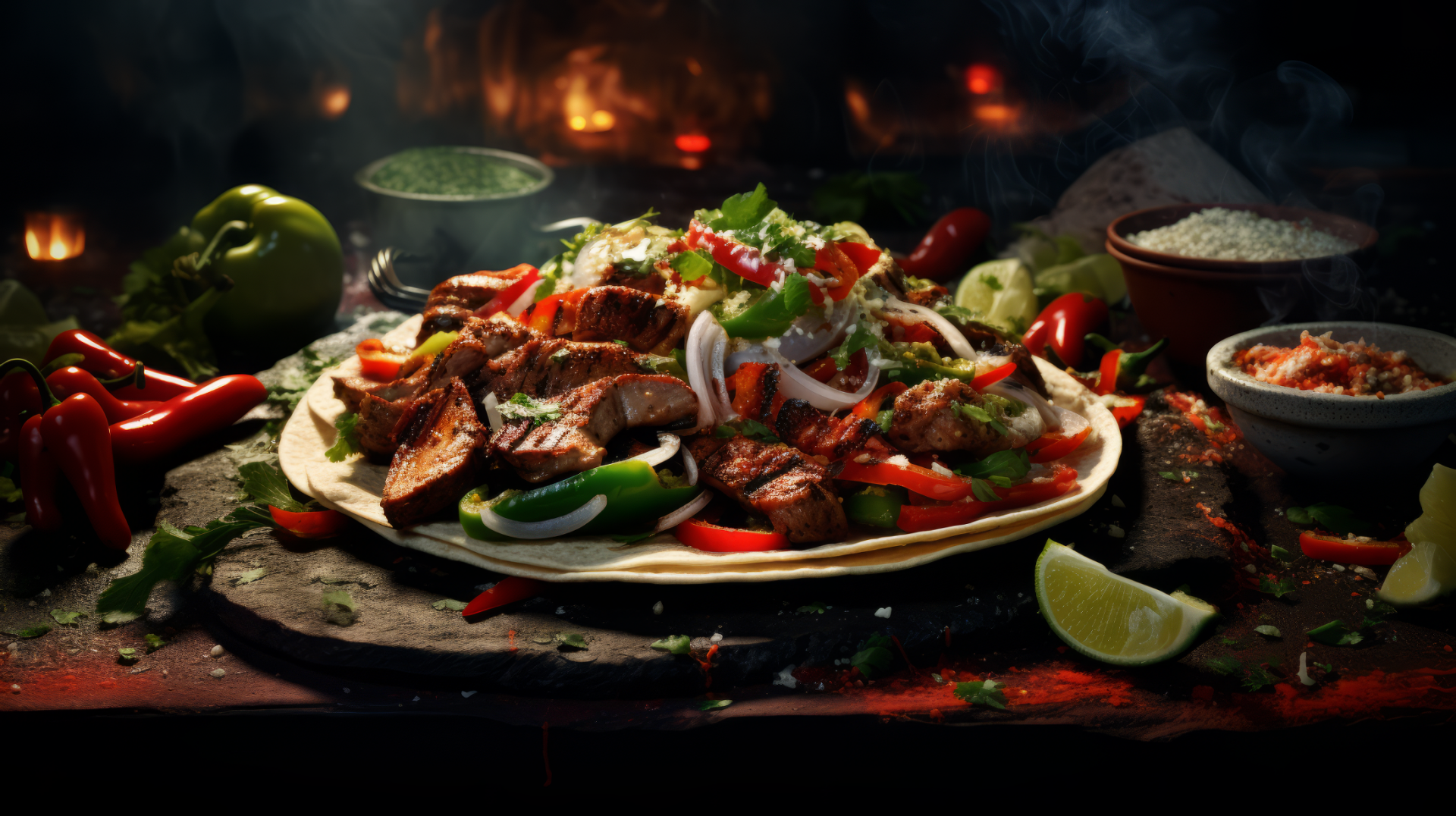 A vibrant HD desktop wallpaper featuring a delicious fajita platter loaded with grilled meat, fresh vegetables, and garnishes, set against a smoky backdrop.