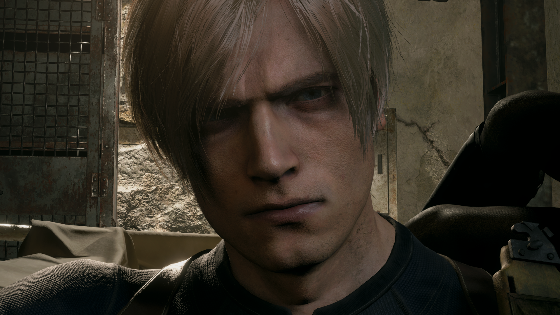 HD PC desktop wallpaper featuring a close-up of Leon S. Kennedy from the video game Resident Evil 4 (2023), showcasing detailed graphics and intense expression.