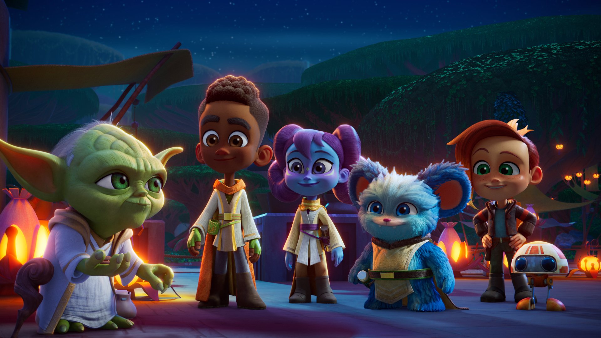 HD wallpaper featuring characters from Star Wars: Young Jedi Adventures against a starry night backdrop.