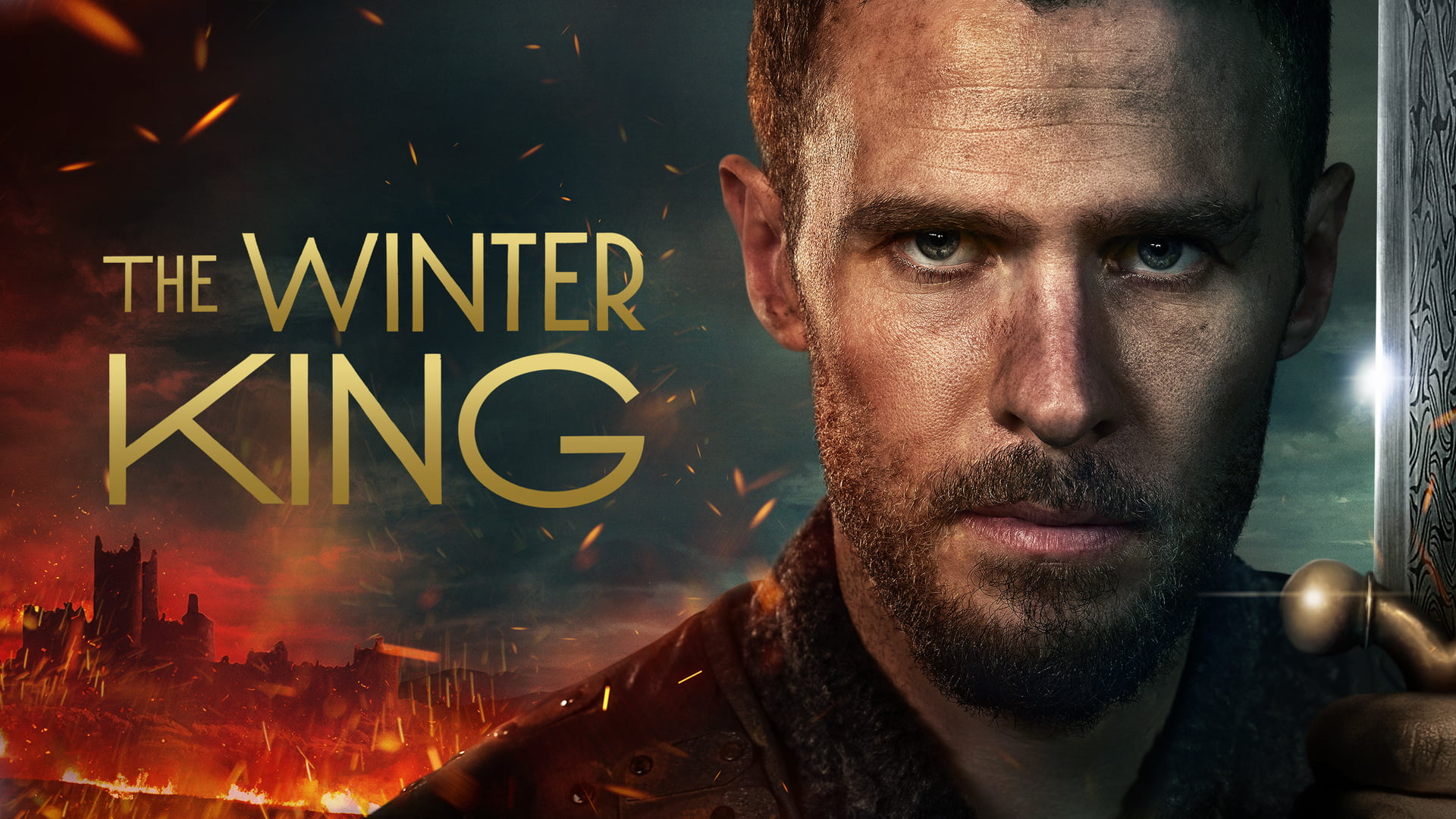 HD desktop wallpaper featuring Iain De Caestecker in The Winter King with a fiery battlefield background.