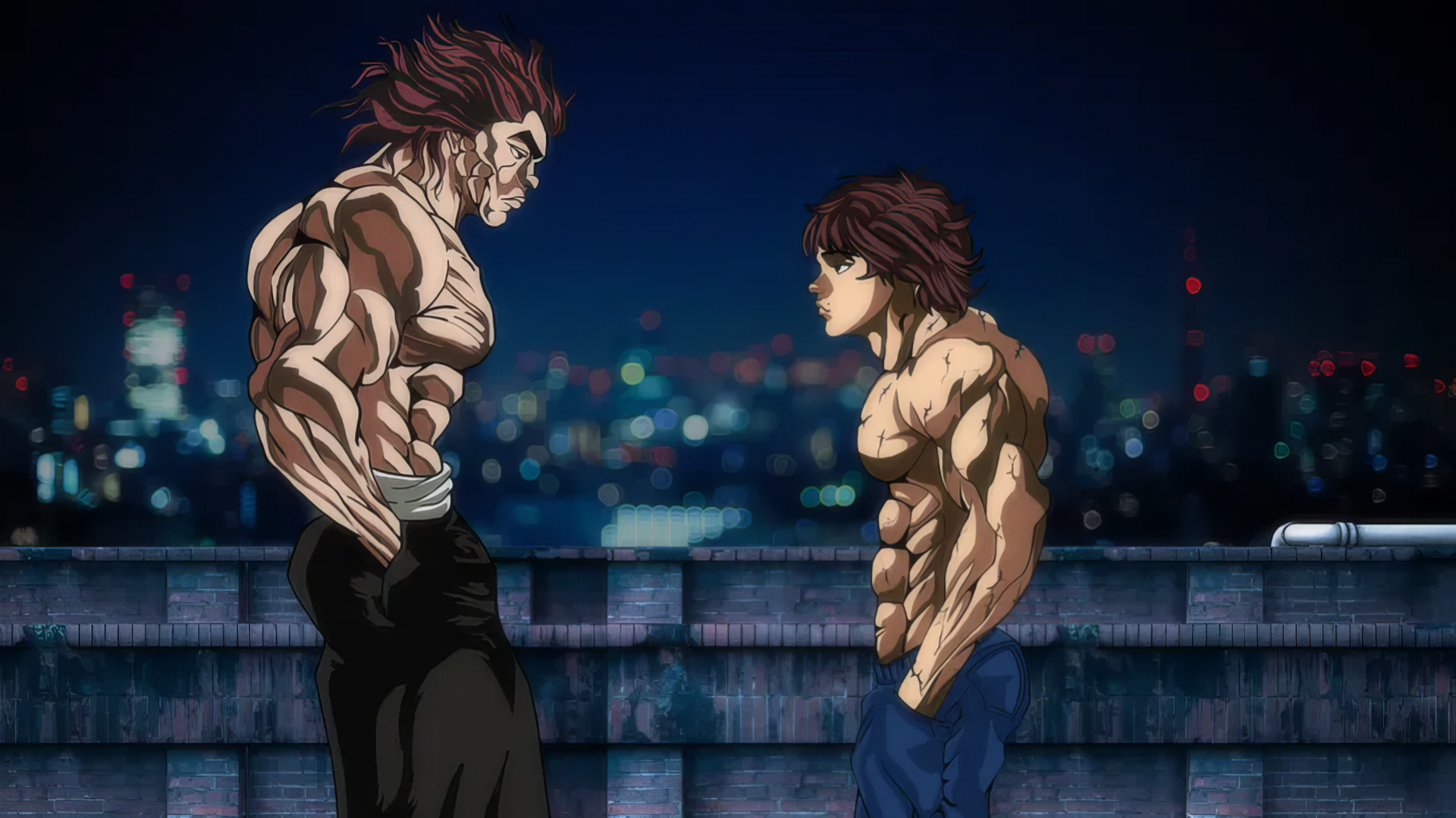 HD wallpaper featuring Baki Hanma and Yujiro Hanma, characters from the anime Baki, standing against a cityscape at night.