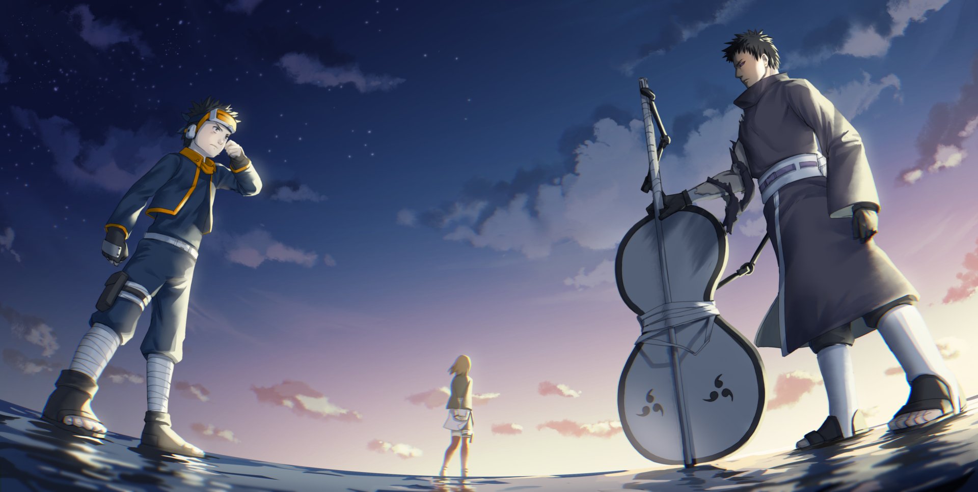 HD PC desktop wallpaper featuring Obito Uchiha, Rin Nohara, and another character from Naruto standing under a twilight sky.