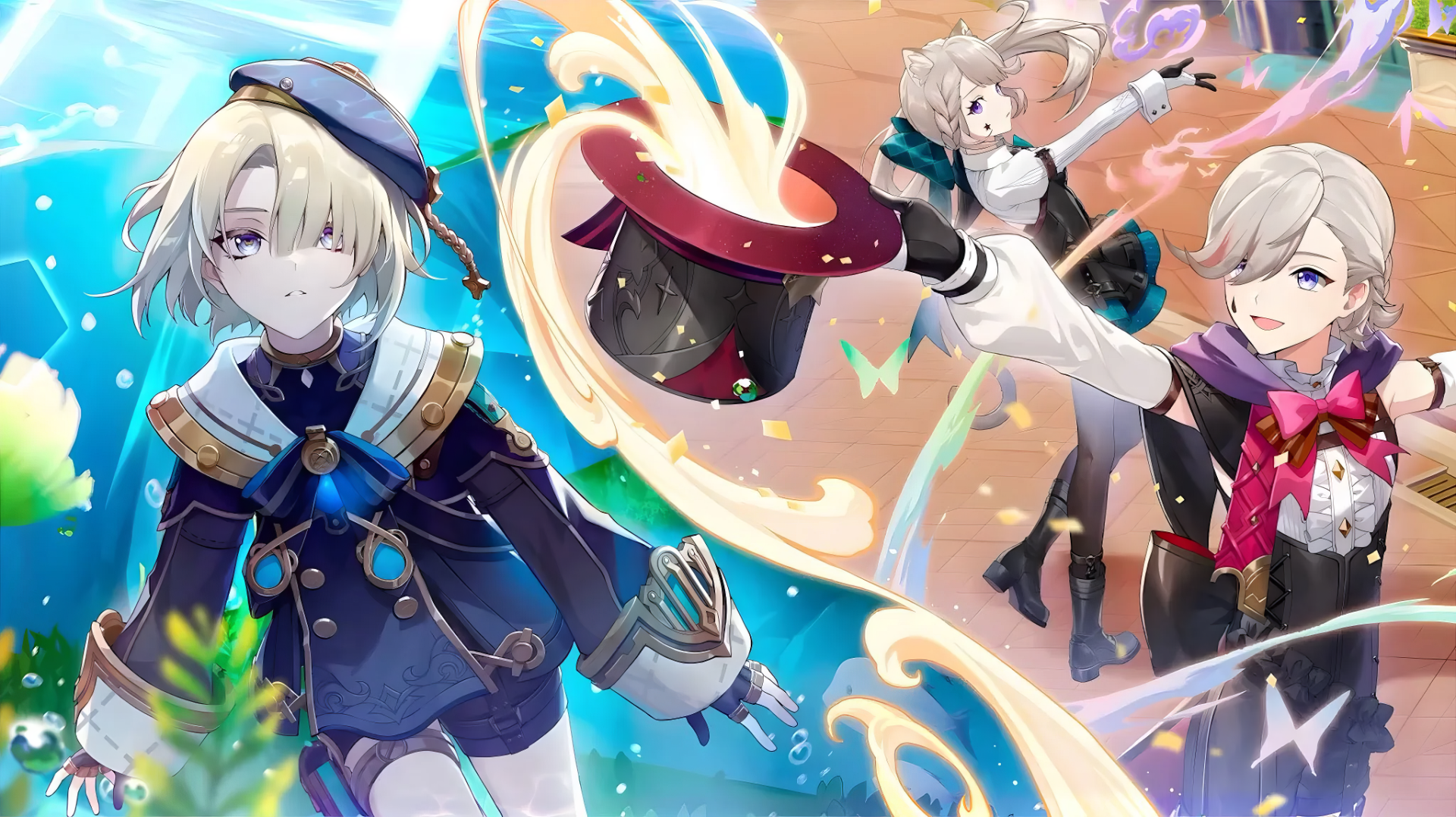 Colorful HD wallpaper featuring Lyney, Lynette, and Freminet from Genshin Impact, showcasing magical elements and dynamic poses in a vibrant fantasy setting.