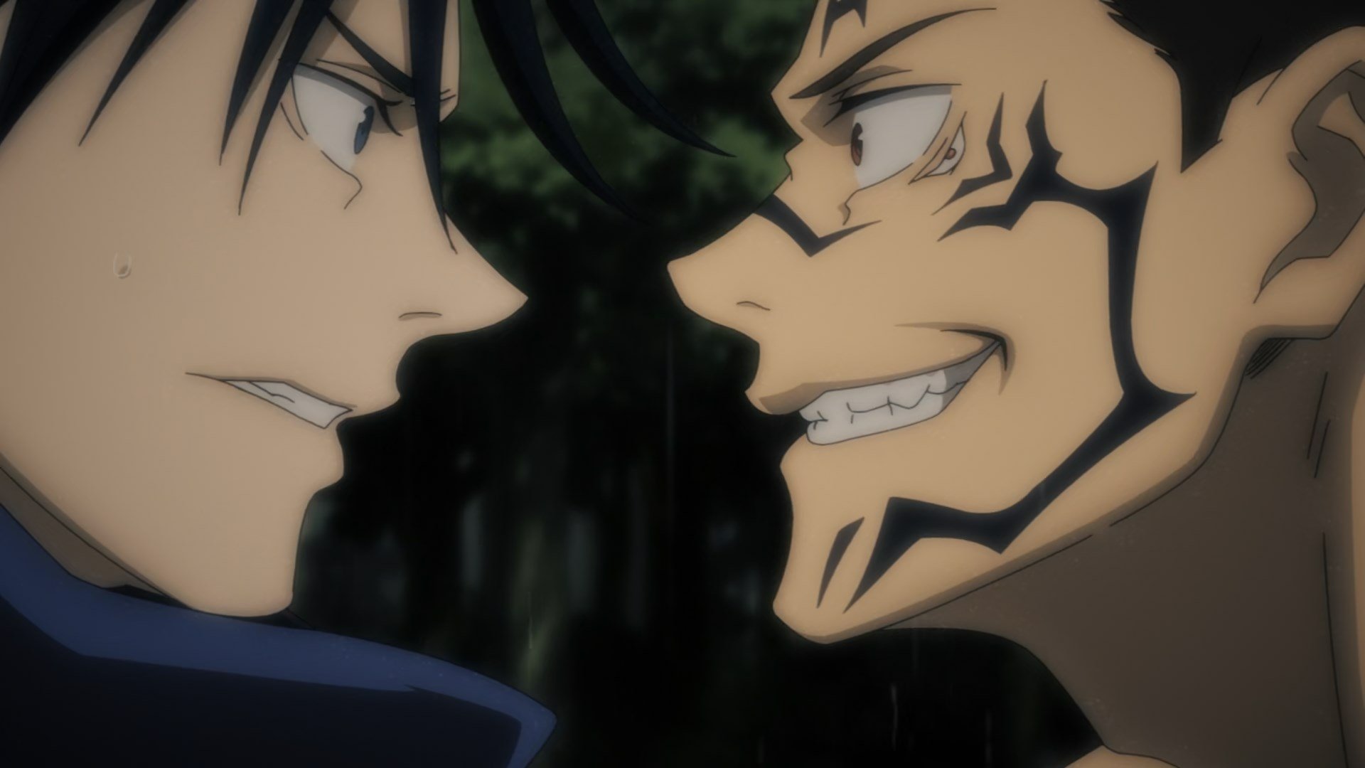 HD PC desktop wallpaper featuring an intense face-off between two characters from the anime Jujutsu Kaisen.