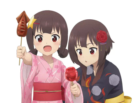 HD PC desktop wallpaper of KonoSuba's Megumin and Komekko in yukata, holding festival snacks—anime art from KonoSuba - God’s blessing on this wonderful world!!