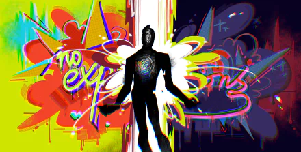 4K Ultra HD PC desktop wallpaper and background from the movie Spider-Man: Across the Spider-Verse — silhouetted figure with a glowing multiverse spiral in the chest against split neon graffiti panels.