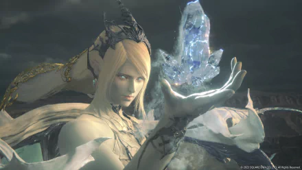 HD desktop wallpaper featuring Shiva from Final Fantasy XVI, gazing intently with an ice crystal in hand.