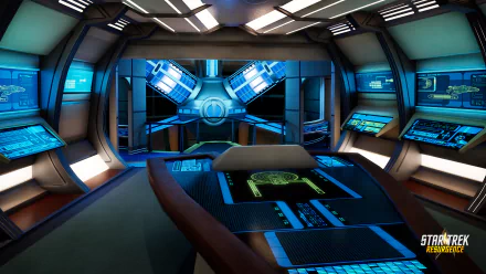 HD desktop wallpaper featuring the interior of a Starship from Star Trek: Resurgence with futuristic control panels and holographic displays.