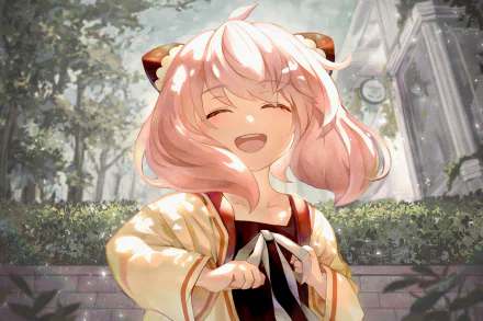 Anya Forger from Spy x Family smiling brightly in soft sunlight, captured in vivid detail for a 4K Ultra HD anime PC desktop wallpaper.