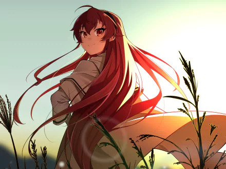 HD PC desktop wallpaper featuring Eris Boreas Greyrat from the anime Mushoku Tensei: Jobless Reincarnation with flowing red hair against a glowing sky backdrop.