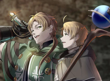 HD anime wallpaper featuring Paul Greyrat and Rudeus Greyrat from Mushoku Tensei: Jobless Reincarnation, showcasing detailed character designs and vibrant colors.