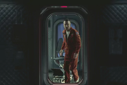 HD desktop wallpaper of a man in a red spacesuit standing inside a futuristic spacecraft, evoking the style of 'Black Mirror'.
