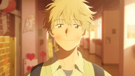 HD desktop wallpaper featuring a character from Skip and Loafer with a warm, sunny school hallway background.