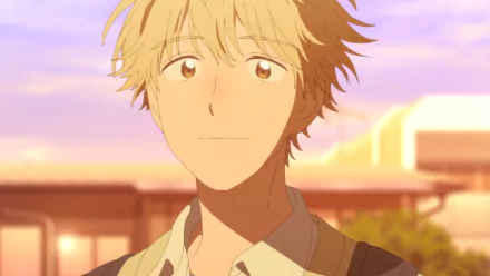 HD desktop wallpaper from Skip and Loafer featuring a close-up of a smiling male anime character with a sunset background.