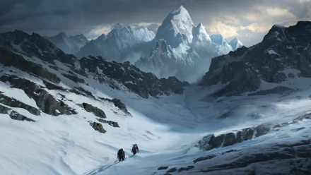 HD desktop wallpaper featuring a winter mountain climbing scene with snow-covered peaks and climbers ascending a rugged mountain landscape.