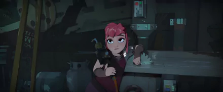 HD desktop wallpaper featuring the animated character Nimona leaning on a workbench in a dimly lit room, exuding a sense of adventure and mischief.