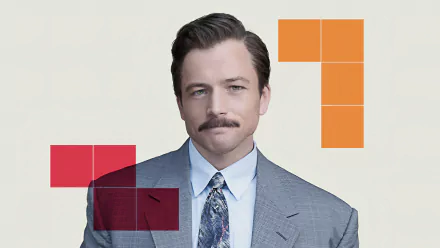 Stylish individual in a suit with a mustache featured alongside Tetris block shapes on a subtle beige background, designed for an HD Tetris-themed desktop wallpaper.
