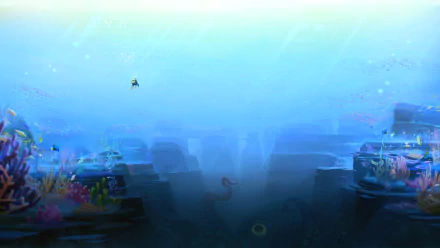 HD desktop wallpaper inspired by the video game Dave the Diver, featuring a serene underwater scene with vibrant coral and a diver exploring the deep blue depths.