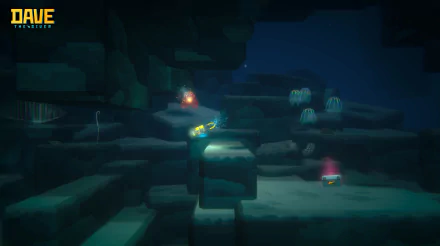 HD desktop wallpaper featuring an underwater scene from Dave the Diver game with mysterious ruins and glowing jellyfish.