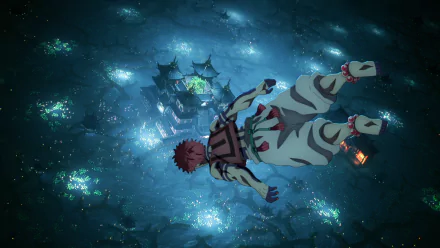 HD PC desktop wallpaper featuring Akaza from Demon Slayer: Kimetsu no Yaiba, depicted mid-air above a glowing, mystical environment in detailed anime style.