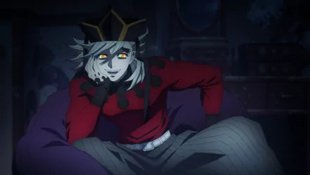 HD PC desktop wallpaper featuring Doma from the anime Demon Slayer: Kimetsu no Yaiba, showcasing his distinctive red and black outfit and eerie orange eyes.