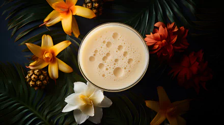 HD desktop wallpaper of a Pina Colada surrounded by vibrant tropical flowers and green leaves, creating an inviting and exotic background.