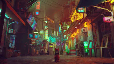 HD desktop wallpaper featuring a cat from the video game Stray exploring a neon-lit, futuristic urban alley at night.