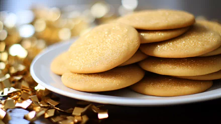 A close-up of golden sugar cookies topped with sparkling sugar, arranged on a plate with golden confetti in the background, creating a festive and inviting food-themed HD desktop wallpaper.