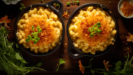 HD wallpaper of two servings of creamy mac and cheese in cast iron skillets, garnished with green onions and crispy breadcrumbs, set on a dark wooden table surrounded by herbs.