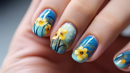 Close-up of a hand with detailed floral nail art design featuring blue and yellow flowers on high-definition desktop wallpaper.