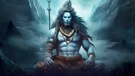 HD desktop wallpaper featuring Lord Shiva, depicted as Mahadev, meditating in a mystical mountain setting with his trident, suitable as a religious background.