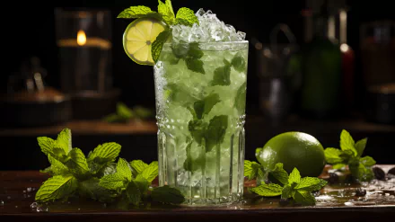 A refreshing mojito cocktail filled with crushed ice, mint, and lime, surrounded by lush mint leaves, creates a vibrant and enticing desktop wallpaper.