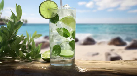 HD desktop wallpaper of a refreshing mojito cocktail with lime and mint on a beach background.