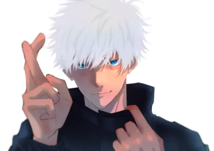 Satoru Gojo from Jujutsu Kaisen depicted in vibrant 4K Ultra HD anime style, featuring his signature white hair and intense blue eyes against a minimalist background.