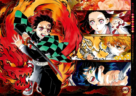 HD PC desktop wallpaper featuring anime characters from Demon Slayer: Kimetsu no Yaiba in dynamic poses with fiery and intense backgrounds.