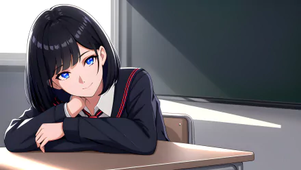 4K Ultra HD anime-style digital art of a girl with black hair and blue eyes, resting her head on a desk in a classroom, rendered as a vibrant PC desktop wallpaper.