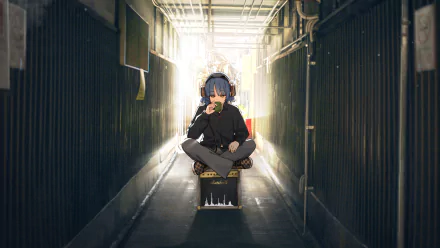 HD PC desktop wallpaper featuring Ryou Yamada from the anime Bocchi the Rock! sitting with headphones in a sunlit urban alley.